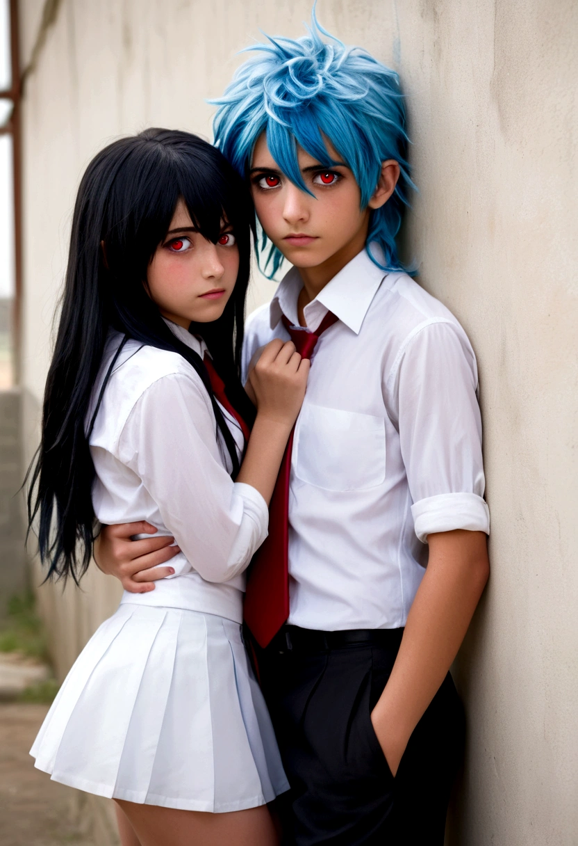 Character 1: A teenage boy with bushy blue hair, black eyes, fair skin, wearing a white shirt and loose tie, rapes character 2. Character 2: A teenage girl with long messy black hair, beautiful red eyes, and a woman's body white skin wearing black skirt and white shirt, loose red tie leaning against the wall and enjoying while character 1 raped her