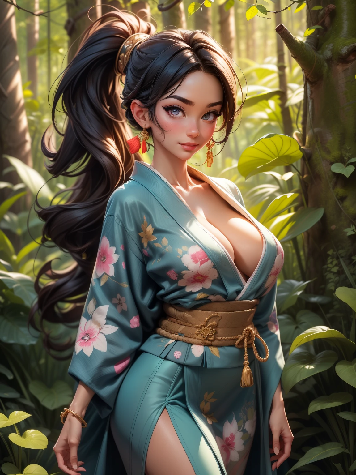 {{{masterpiece}}}, {{{best quality}}}, {{ultra-detailed}}, {cinematic lighting}, {illustration}, {beautifuly detailed eyes}, {1girl}, extremely detailed, 1girl, solo, A full-body picture of a beautiful ninja warrior, blue hair in a long ponytail, wearing gold and blue kimono, warrior, playful smile, brown eyes, huge breasts, cleavage, hourglass figure, outdoors, woodland background, walking down a wooden path, highly detailed face and clothing, slightly narrow eyes, perfect face, fair skin, hair bangs, long hair, cowboy shot, noble beautiful, traditional Japanese clothing, shinobi woman, I can see her entire body
