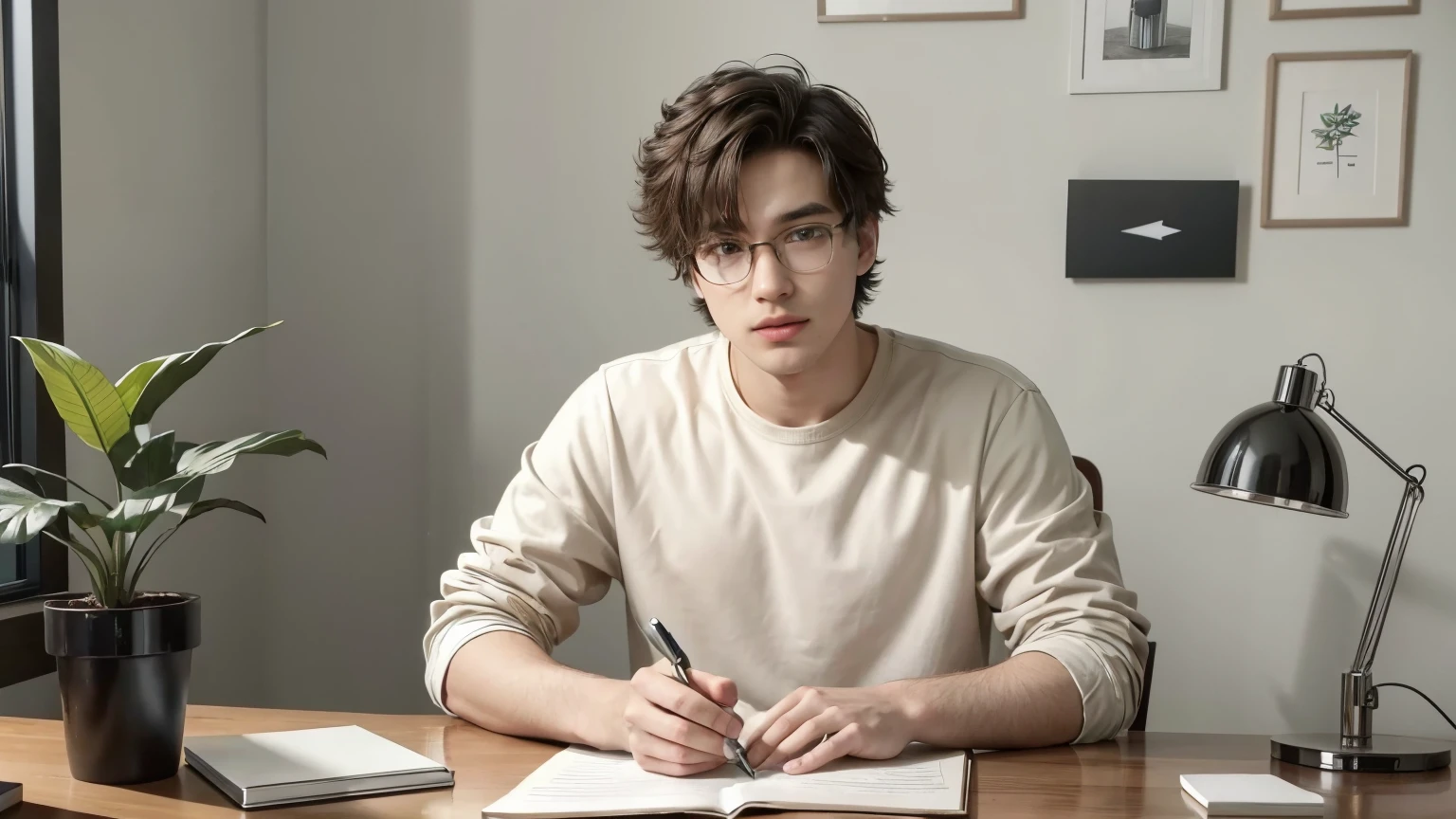 A captivating YouTube video frame featuring popular creator . He is seated at his sleek, minimalist desk, facing the camera with a warm, His hands on his desk , illustrating his point. The background is a clean, simple setup with a few decorative items, including a plant and a few books. The overall ambiance is casual, engaging, and friendly.