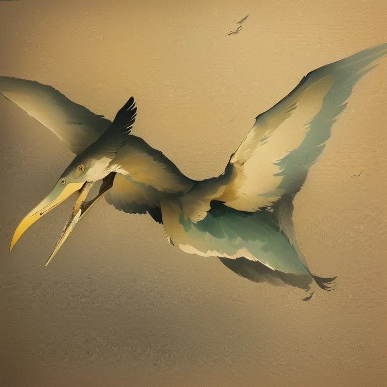drawing of a bird with a long beak on a piece of paper, with pterosaurs flying, pterodactyl, pterosaurs flying, inspired by Alfred Kubin, inspired by Dürer, inspired by Pisanello, ornithopter, inspired by Albrecht Dürer, with large wings, dinosaur color