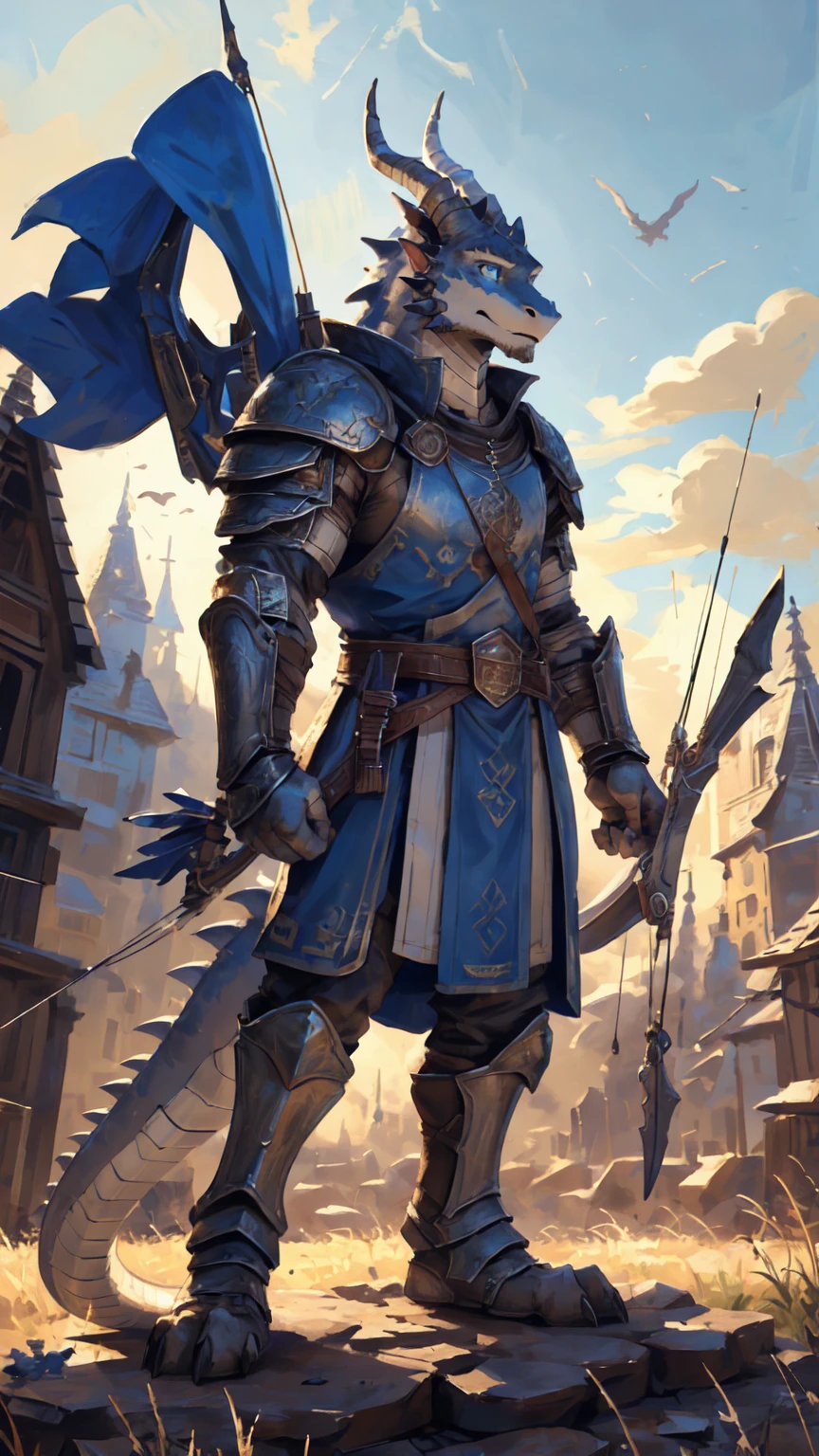 ((middle Ages:1.3，Range background:1.5))，Royal Family:1.2，((Heavy Crossbowman:1.6))，(sunny:1.3)，high resolution，4K，(((whole body:1.1，Strike a pose:1.2)))，masterpiece，high quality，((dragon))，male，dragonFurry，(teenager:1.3)，hairy，((brave，peaceful:1.4))，((Hand-held crossbow:1.6))，(((Slender face:1.2，Lean:1.2，Long legs:1.3，Thick dragon tail:1.2)))，(((Gray head:1.2，Blue pupils:1.2，neck:1.3，Gray Hands:1.4，muscle:1.3)))，(((White Armor:1.3，There is a blue flag on the armor:1.4)))，Exquisite eyes，Detailed body，Detailed hands，Detailed feet，Kenket&#39;s Art