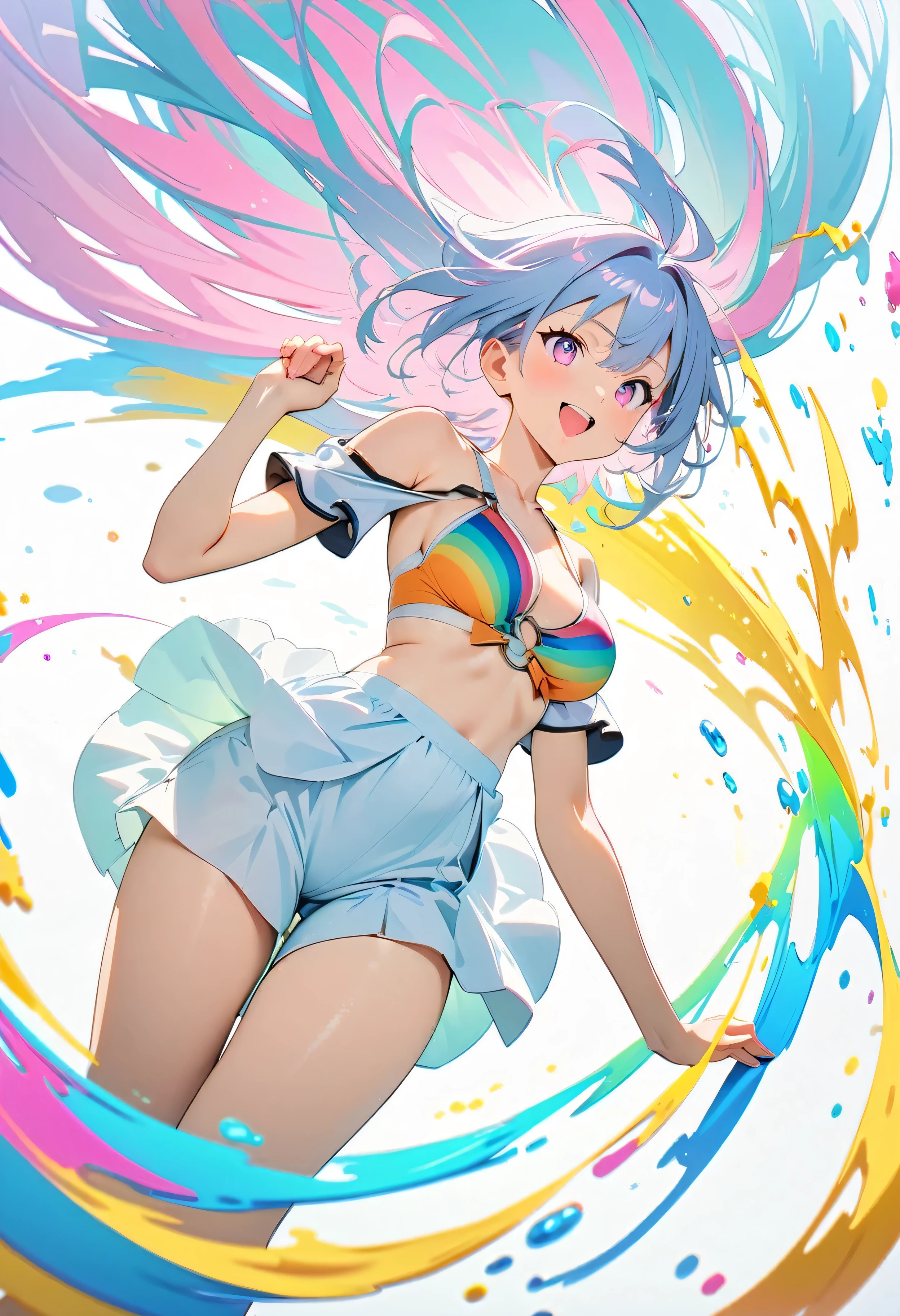 (masterpiece, Highest quality, Official Art:1.2), (colorful), Perfect Anatomy, Looking at the audience, One Girl, alone, White Background, floating colorful water, Ultra-fine illustrations, highly detailed, Dynamic Angle, beautiful detailed, 8K, break smiling amidst the colorful scenes, (Highest quality, masterpiece, High resolution, detailed), Anime Style, (Shining Eyes, detailed美しい顔), break,Dynamic Angle, Whole body shot, pastel colour