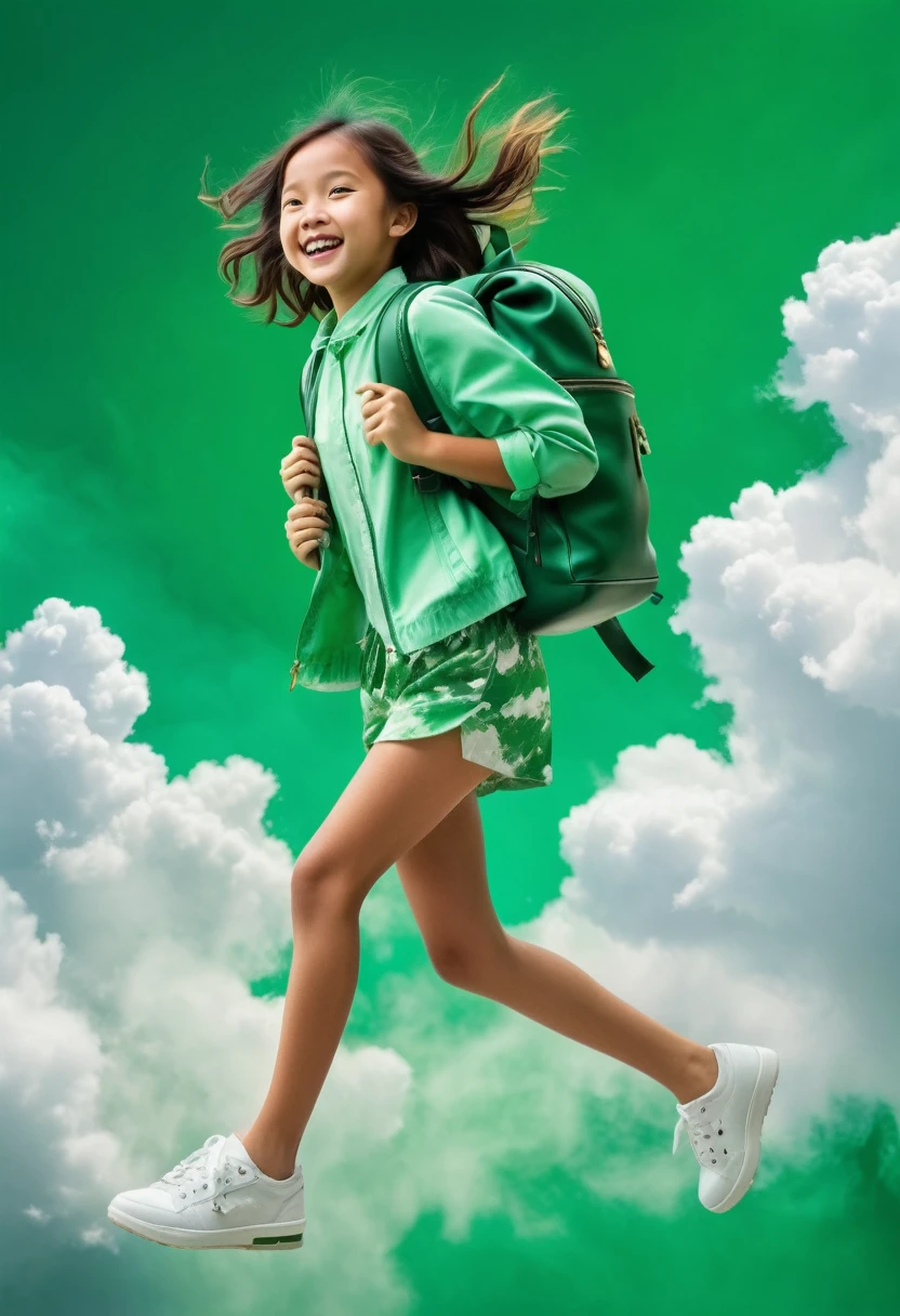 Photography of an adorable girl in modern attire, carrying a backpack, joyfully leaping and stepping on jade-colored auspicious clouds. Her entire body embodies the texture of jade, with hues of white and jade green, captured in a realistic photograph that showcases the fusion of human form and precious stone. The whimsical scene captures the girl's playful spirit as she dances above the clouds, blending the earthly with the ethereal in a visually enchanting composition