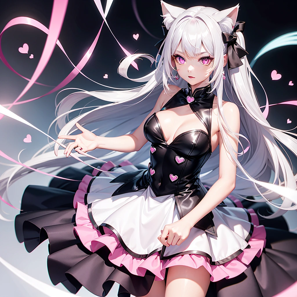 Silver hair, pink eyes, body, cat ears, girl, earrings, heart background fantasy, dress uniform, hair bows