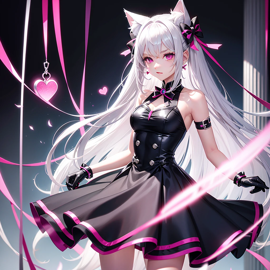 Silver hair, pink eyes, body, cat ears, girl, earrings, heart background fantasy, dress uniform, hair bows