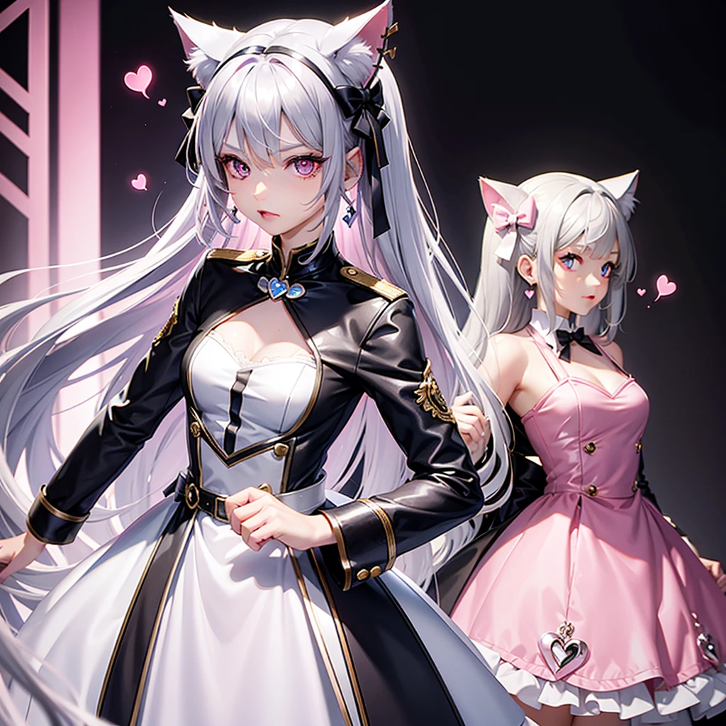 Silver hair, pink eyes, body, cat ears, girl, earrings, heart background fantasy, dress uniform, hair bows