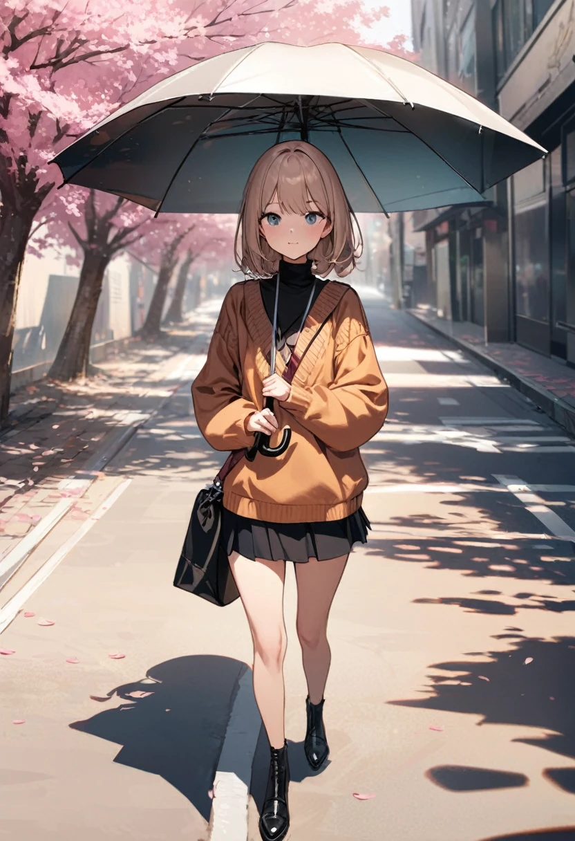 masterpiece, best quality, Extremely detailed, illustration, Wide Angle, 1 girl holding an umbrella, Solitary, Walking in the middle of the road, Pink cherry blossom trees on the roadside, whole body, sweater, Short skirt, Fashion, work, balance, rhythm, color, Light, shadow, reflection, refraction, Tone, Compared, prospect, Middle ground, background, naturalistic, simile, representational.