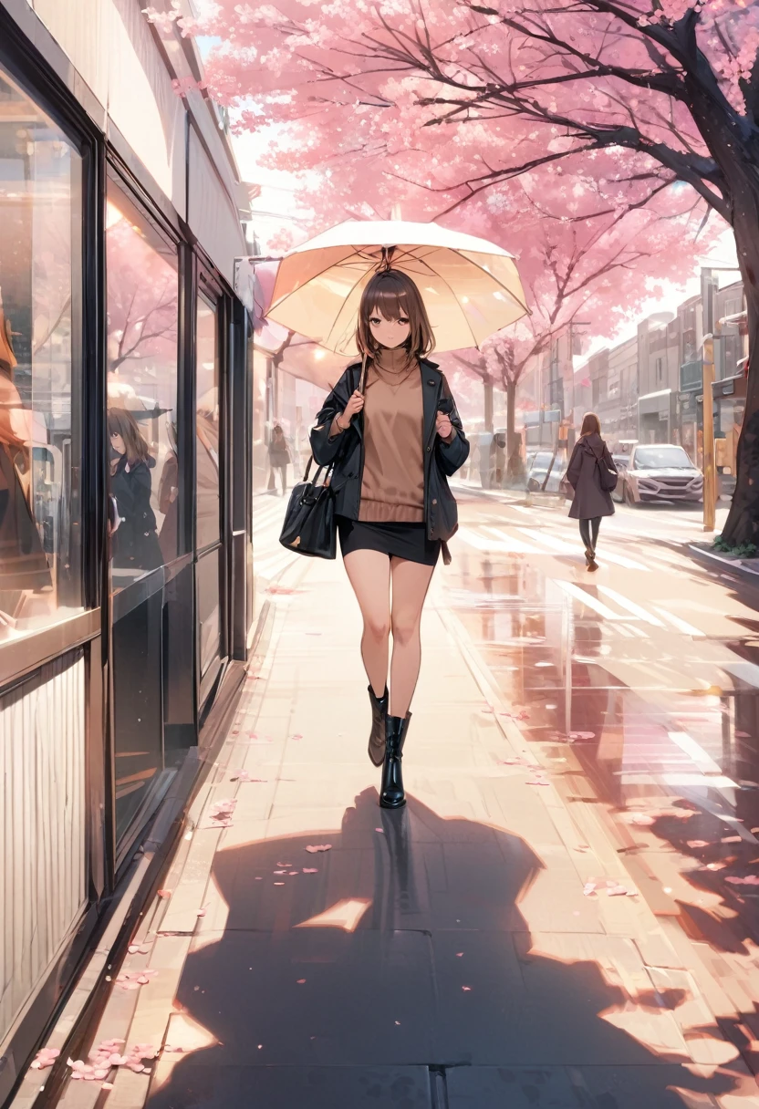 masterpiece, best quality, Extremely detailed, illustration, Wide Angle, 1 girl holding an umbrella, Solitary, Walking in the middle of the road, Pink cherry blossom trees on the roadside, whole body, sweater, Short skirt, Fashion, work, balance, rhythm, color, Light, shadow, reflection, refraction, Tone, Compared, prospect, Middle ground, background, naturalistic, simile, representational.