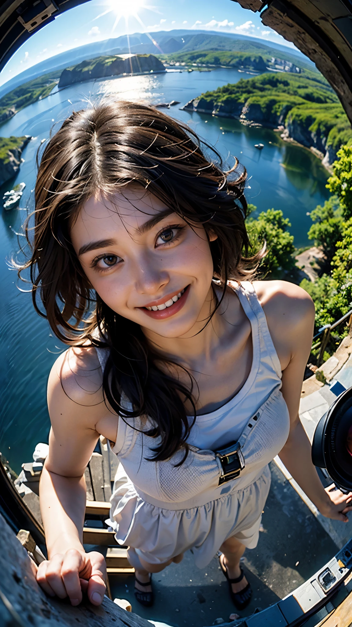 Highest quality, masterpiece, Ultra-high resolution,8K, (Realistic:1.6), (Rock Climbing Portrait) ,Rock Climbing Wear,Free Climbing,(rope),RAW Photos, 1 Girl,(Full of smiles, Showing teeth)), 22 years old,((In the middle of a cliff)),((Straight black hair long hair)),((Black hair fluttering in the wind)),((Looking up at the audience)),Face Focus:1.4,((Photographed from above with a fisheye lens:1.4)),((Background of airplane trails shining against the blue sky)), Image Media Chest)),((Smiling with teeth showing)),