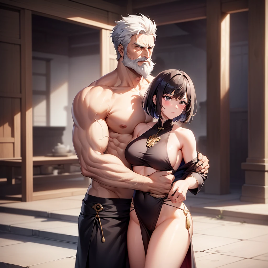 The emperor is a rugged and burly old man (tall body, handsome,shirtless,beard,short hair,hug, being arrogant towards someone who sees it by tugging at a girl's bra until it is loose and torn,wearing robe,bad, wearing the clothes of an ancient Chinese king , carrying a sword ) making out with a girl concubine (age 22, beautiful, slender body, radiant skin ,short hair, wearing dudou, show armpits, Breasts are visible but nipples are covered , clothes almost split in half, defended the emperor in shame )an ancient royal chamber chinese,good looking,8k,masterpieces:1,5,whole full body, oldman is taller than girl.