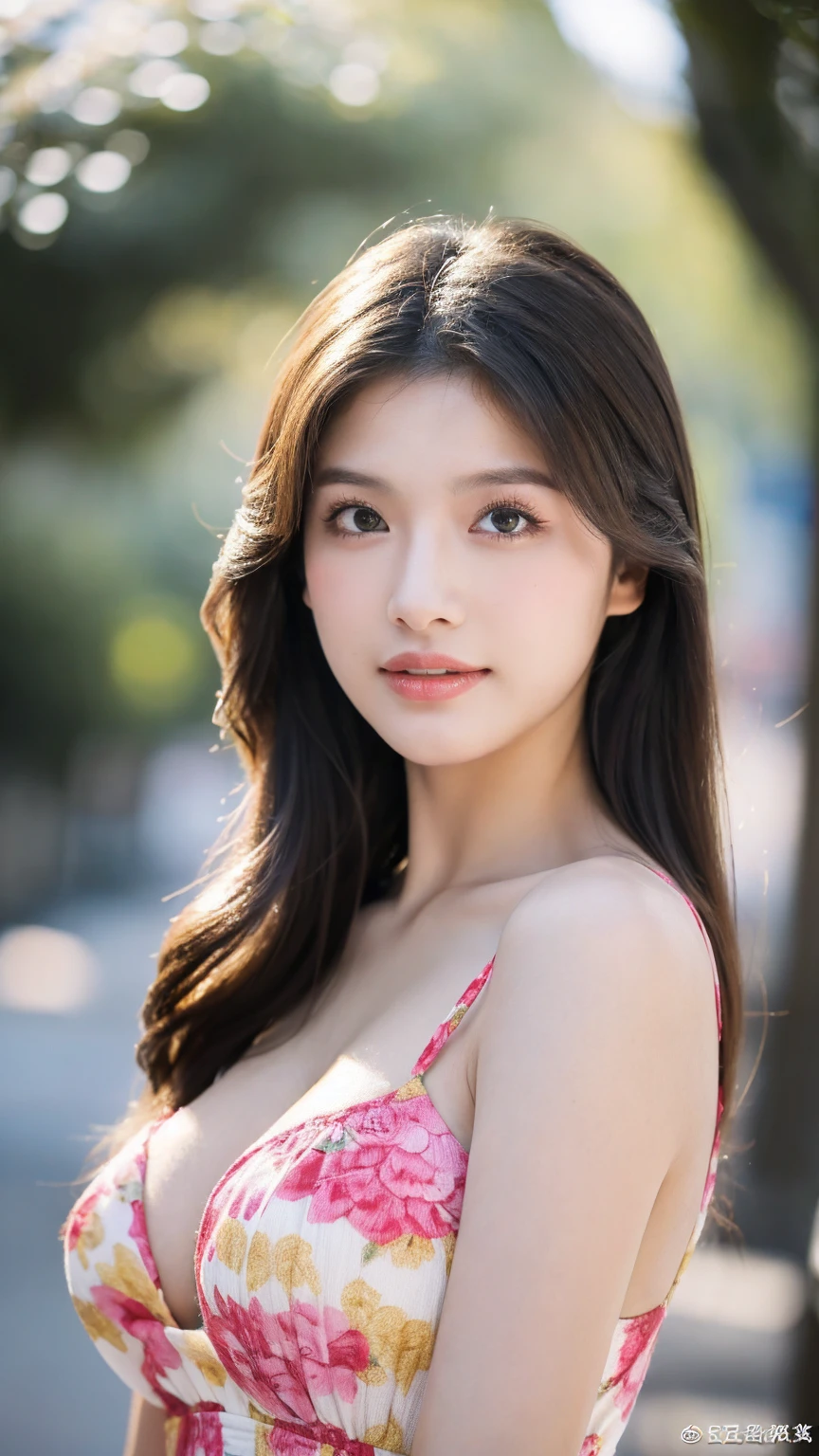 ((Best quality, 8K, masterpiece:1.3)),1girl,18 years old,Asian,Real texture:1.3,(Background blur:1.1),Gorgeous long dress,Tall and slender figure:1.2,(Hot summer weather),(street:1.3),Highly detailed face and skin textures,Exquisite eyes,Long eyelashes,Double eyelids,Skin Whitening,happy,Various postures,Big breasts