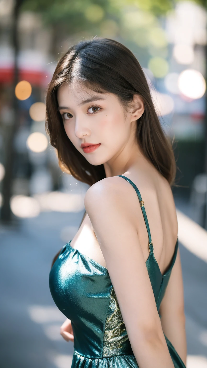 ((Best quality, 8K, masterpiece:1.3)),1girl,18 years old,Asian,Real texture:1.3,(Background blur:1.1),Gorgeous long dress,Tall and slender figure:1.2,(Hot summer weather),(street:1.3),Highly detailed face and skin textures,Exquisite eyes,Long eyelashes,Double eyelids,Skin Whitening,happy,Various postures,Big breasts