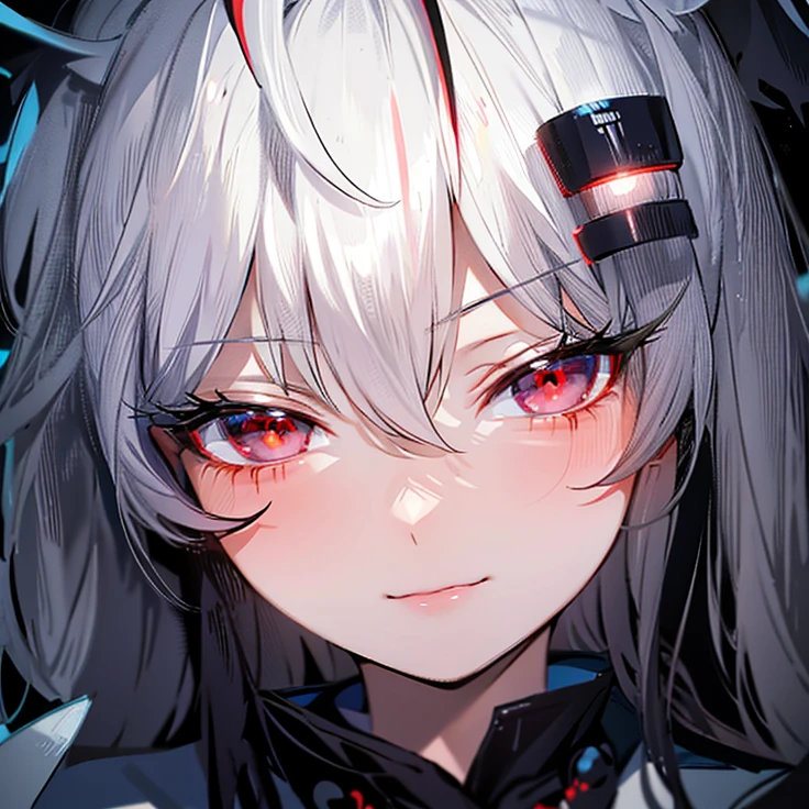 best quality, masterpiece, highres, 1girl, Beautiful face, close up on face, tyndall effect, dark atmosphere, rim lighting, two tone lighting, (high detailed skin:1.2), 8k uhd, dslr, soft lighting, high quality, volumetric lighting, candid, Photograph, high resolution, 4k, 8k, anime girl with long silver-white hair, hair ornament, glowing eyes, red eyes, dragon eyes, high quality anime artstyle, white haired, detailed portrait of anime girl, girl with white hair, girls frontline style, with huge luminous eyes