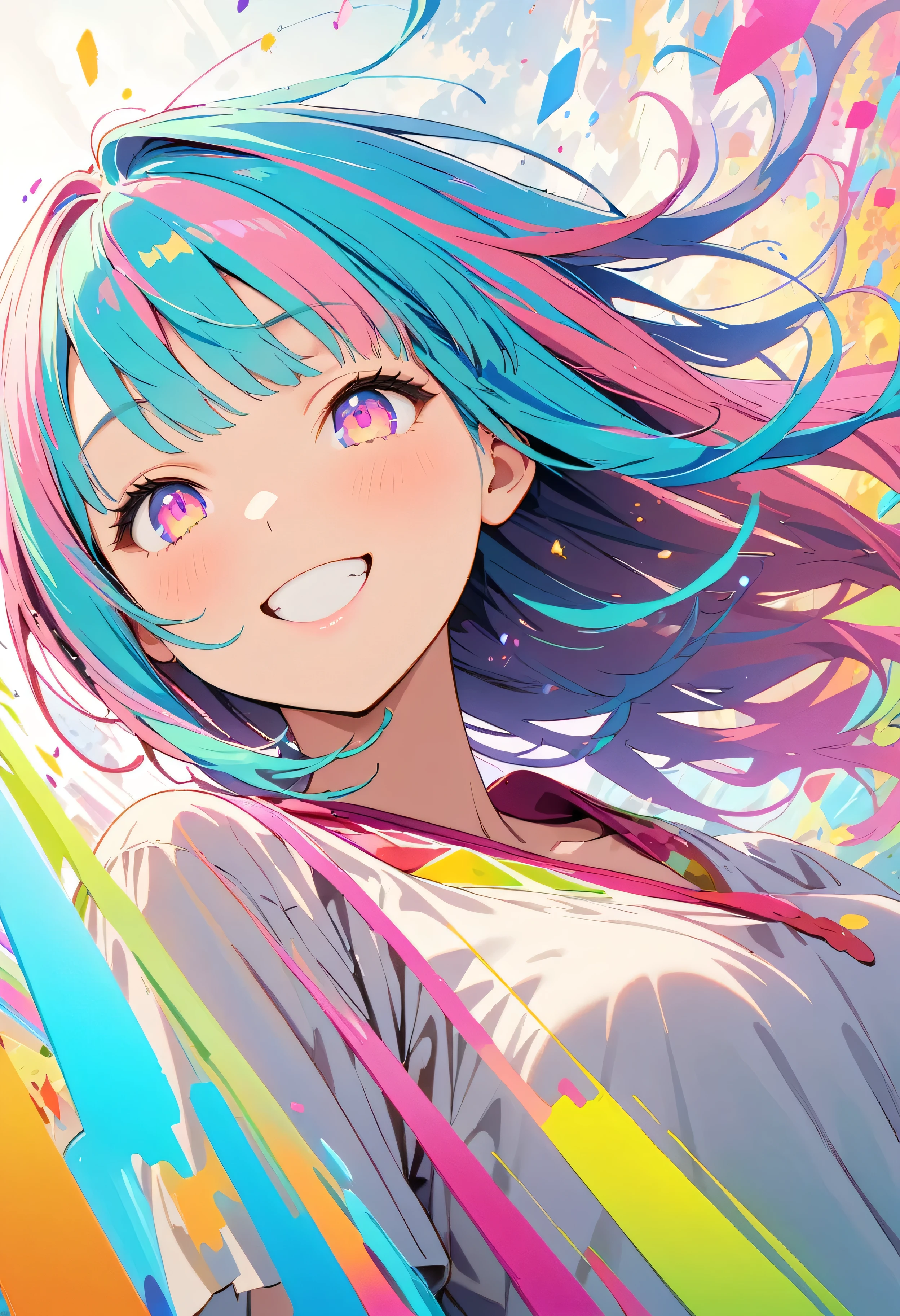 (masterpiece, Highest quality, Official Art:1.2), (colorful), Perfect Anatomy, Looking at the audience, One Girl, alone, White Background, floating colorful water, Ultra-fine illustrations, highly detailed, Dynamic Angle, beautiful detailed, 8K, break smiling amidst the colorful scenes, (Highest quality, masterpiece, High resolution, detailed), Anime Style, (Shining Eyes, detailed美しい顔), break,Dynamic Angle, Whole body shot, pastel colour