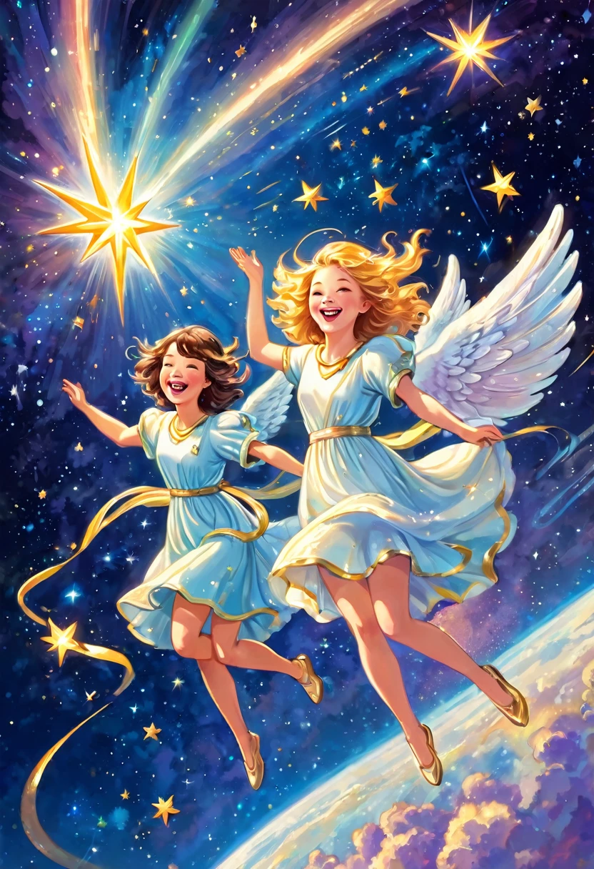 Smiling angels riding a shooting star, laughing, joy, dancing, outer space, happiness, planet, earth, enchanted, magical light