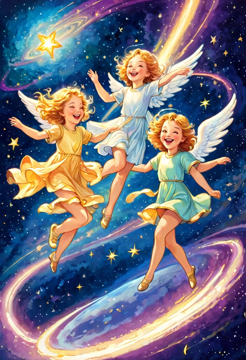 Smiling angels riding a shooting star, laughing, joy, dancing, outer space, happiness, planet, earth, enchanted, magical light