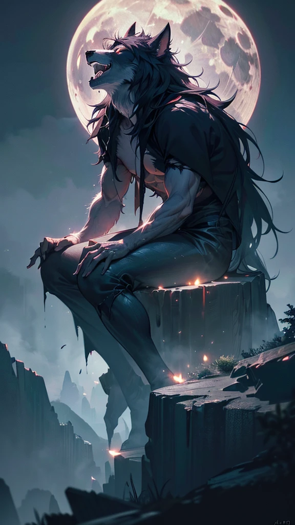 a male werewolf on a cliff under a full moon, looking into the distance with a dark atmosphere, red glowing eyes, howling, (best quality,4k,8k,highres,masterpiece:1.2),ultra-detailed,(realistic,photorealistic,photo-realistic:1.37),detailed facial features,muscular build,torn clothes,dramatic lighting,moody colors,cinematic composition