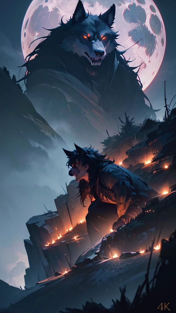 a male werewolf on a cliff under a full moon, looking into the distance with a dark atmosphere, red glowing eyes, howling, (best quality,4k,8k,highres,masterpiece:1.2),ultra-detailed,(realistic,photorealistic,photo-realistic:1.37),detailed facial features,muscular build,torn clothes,dramatic lighting,moody colors,cinematic composition