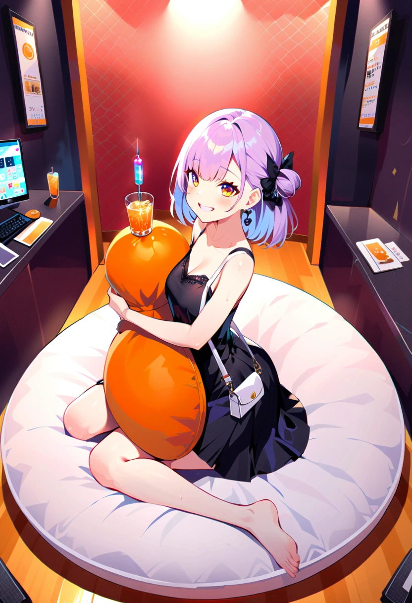 Purple hair girl painting、Glass mandarin orange earrings decorate both ears、Eye color: Ocean pink purple、Space Eyes、Inside the room、(((Giant orange shaped cushion)))、((Hugging on a cushion))、Sit down, long hair、Bun Hair、Cool and complicated, Hand holding sliced orange, A very happy expression with plenty of orange juice、((The syringe contains orange juice))、Very embarrassed、The best smile、Open your mouth wide、Grin、目はclose、((Purple and black dress))、((Syringe Shoulder Bag)), Fun and lively characters, close( Perfect Anatomy )、Beautiful, translucent white skin、A purple dress slightly damp with sweat、Underwear is visible、quality\(8K,非常に精細なCGユニットのwallpaper, masterpiece,High resolution,top-quality,top-quality real texture skin,Super two-dimensional,Increase the resolution,RAW Photos,最高quality,Very detailed,wallpaper,Ray-tracing,Golden Ratio\),[Browsing Caution]、White and orange theme、Everything is orange except for the outfit, hairstyle, and eye color.、barefoot,Love Hotel