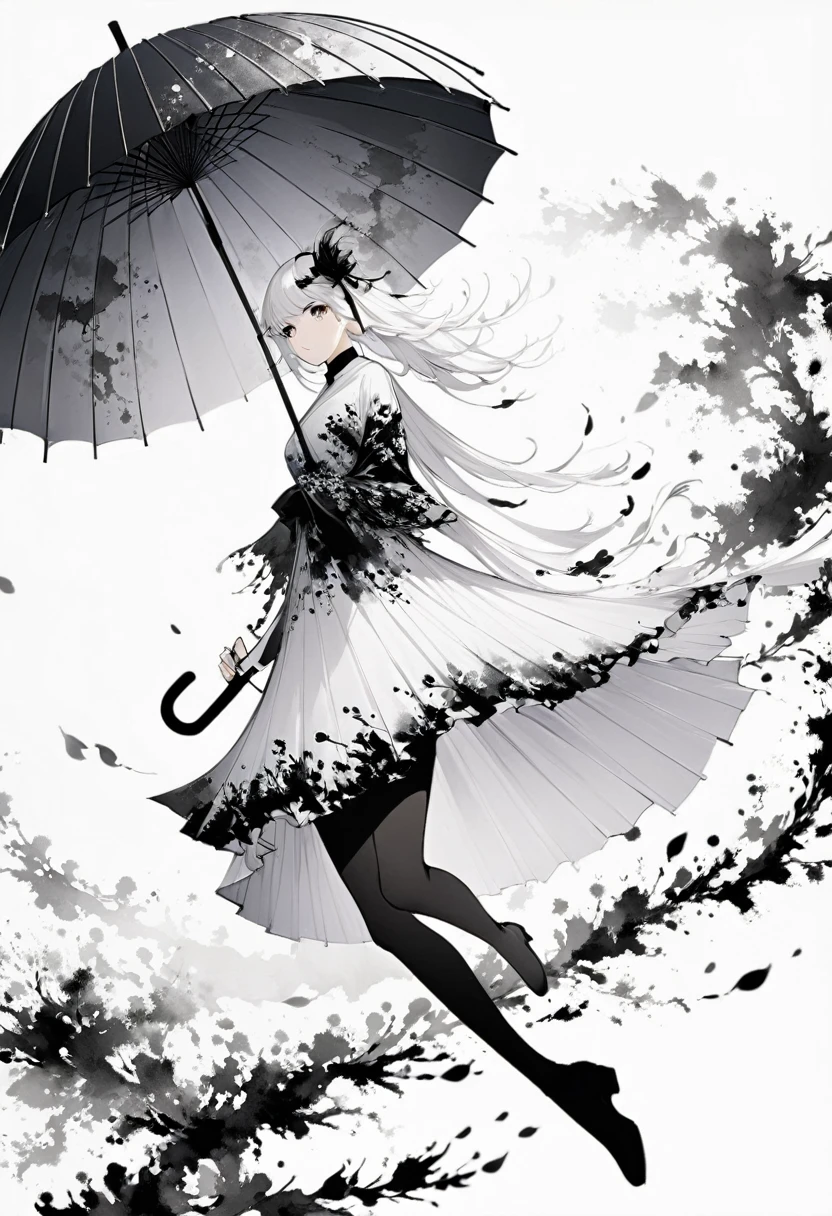 (Lots of white space:1.5),(Lots of white space around:1.6), White background, simple, Minimalism, abstract,Freehand,Aesthetic,black and white,Ink Painting,antiquity,(Umbrella girl:1.5),Falling Flowers