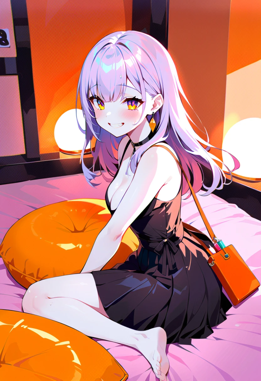 Purple hair girl painting、Glass mandarin orange earrings decorate both ears、Eye color: Ocean pink purple、Space Eyes、Inside the room、(((Giant orange shaped cushion)))、((Hugging on a cushion))、Sit down, long hair、Bun Hair、Cool and complicated, Hand holding sliced orange, A very happy expression with plenty of orange juice、((The syringe contains orange juice))、Very embarrassed、The best smile、Open your mouth wide、Grin、目はclose、((Purple and black dress))、((Syringe Shoulder Bag)), Fun and lively characters, close( Perfect Anatomy )、Beautiful, translucent white skin、A purple dress slightly damp with sweat、Underwear is visible、quality\(8K,非常に精細なCGユニットのwallpaper, masterpiece,High resolution,top-quality,top-quality real texture skin,Super two-dimensional,Increase the resolution,RAW Photos,最高quality,Very detailed,wallpaper,Ray-tracing,Golden Ratio\),[Browsing Caution]、White and orange theme、Everything is orange except for the outfit, hairstyle, and eye color.、barefoot,Love Hotel
