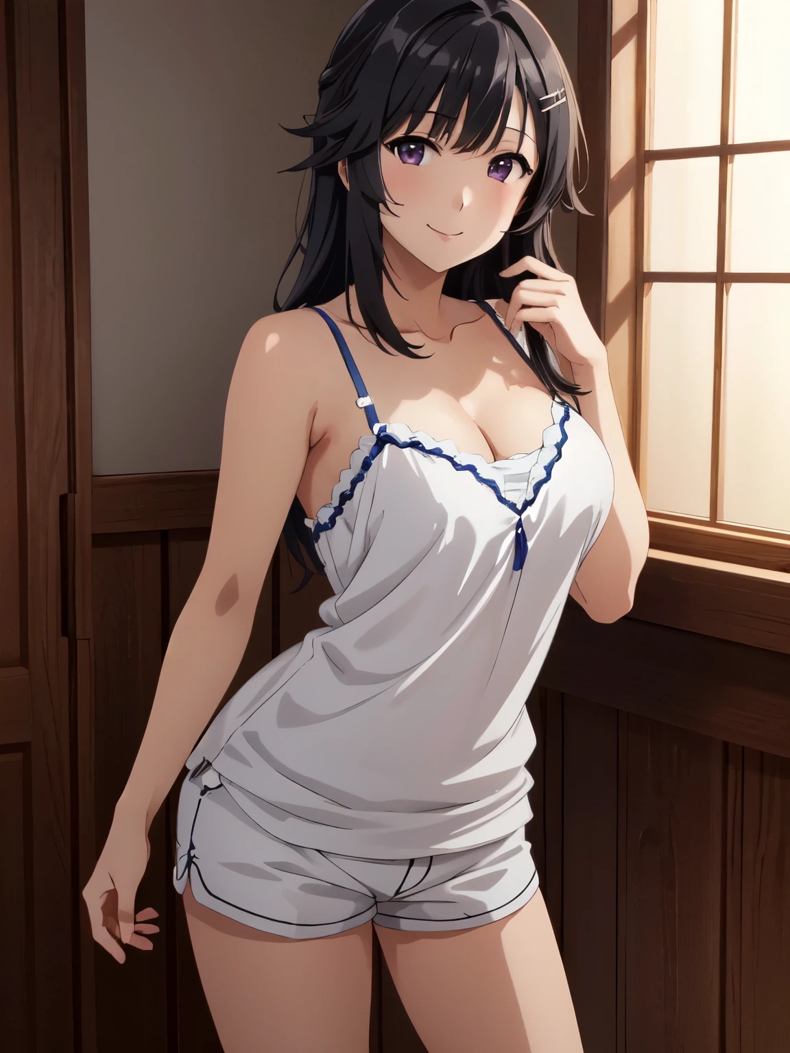 (Moe:1.10)、Very detailed、Akane Nishino、Standing、Shorts、smile、Closed Mouth、hair ornaments、One Girl,Absolute reference to the center、4K,8K、camisole、pajamas、Large Breasts、 Perfect lighting, Extremely detailed CG、High resolution、超High resolution、Physically Based Rendering(Genuine、Realistic、Realistic)、Cowboy Shot、(Anime illustration style:1.2)、