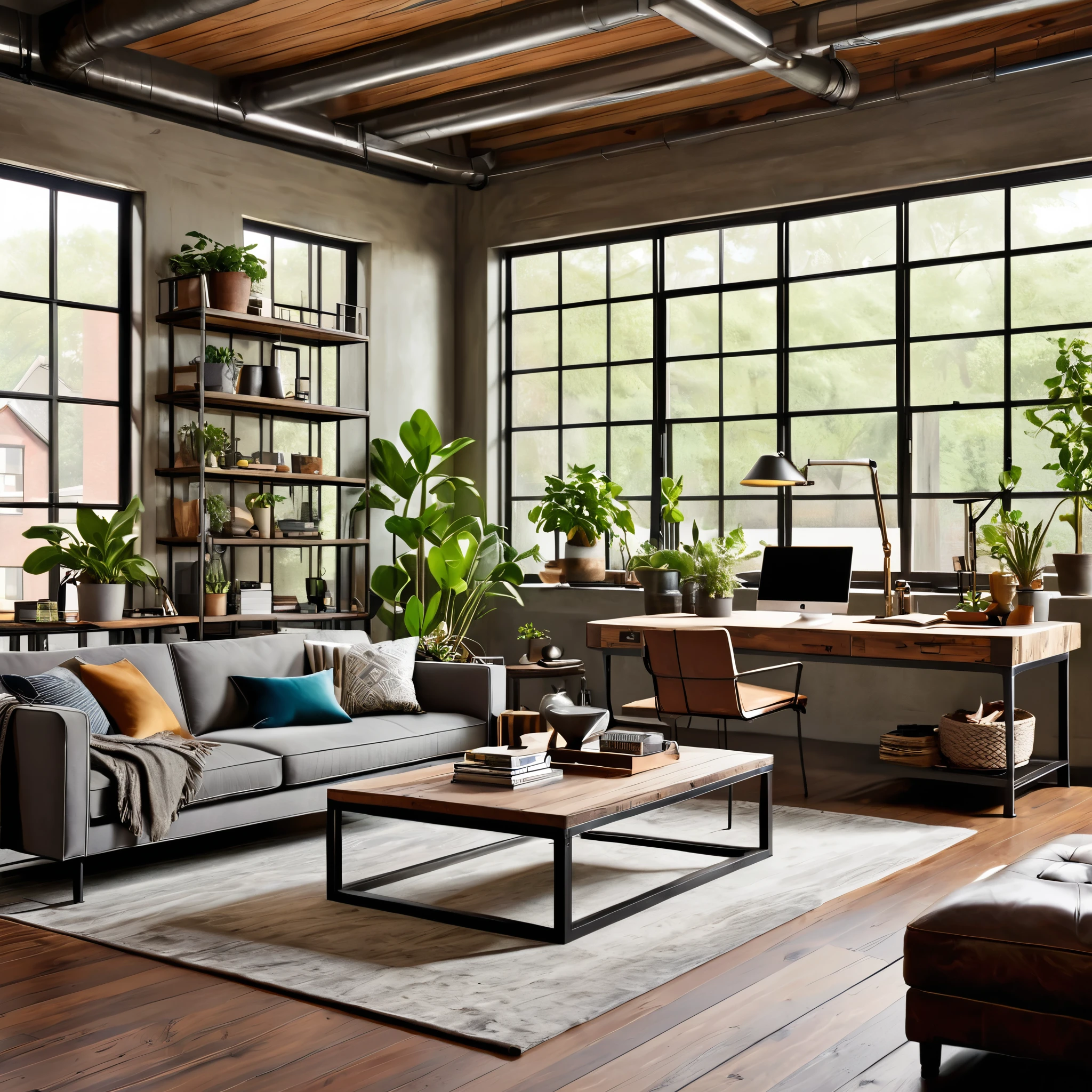 Create a cozy and stylish loft-style living area with industrial elements. The space features large windows that let in plenty of natural light, exposed metal ductwork, and a mix of modern and rustic decor. The living area includes a plush gray sofa, a wooden coffee table, and a dedicated workspace with a desk, chair, and laptop. Incorporate various indoor plants throughout the room, including large potted plants and smaller ones on shelves and tables. Add artistic and personal touches such as framed prints, decorative items, and an inviting lighting scheme to enhance the warm and eclectic atmosphere.