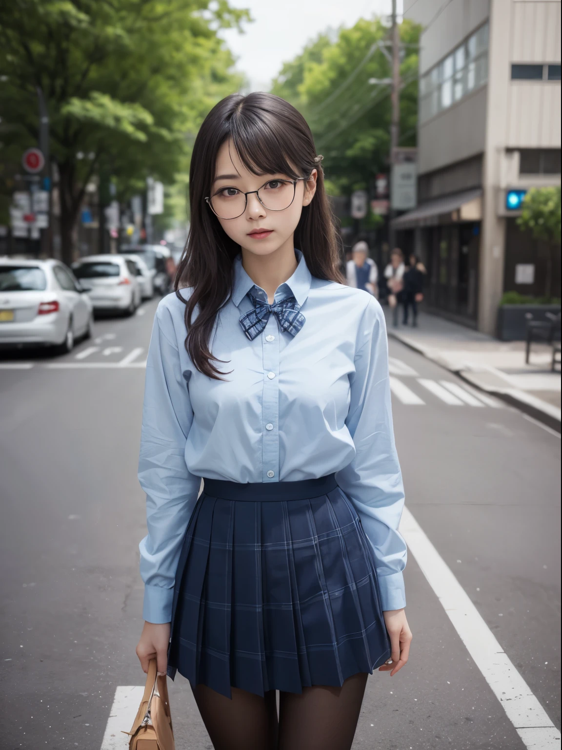 (8K、生photograph、Highest quality、masterpiece:1.2),(Small breasts)、(Small breasts)、(Small breasts)、(Small breasts)、Look straight ahead、pupil,De Pere Blanca,(Black Pantyhose),Small face、Chest is petanko,前hairを真ん中から分ける,The forehead is visible,(Cold face<business,Glare,strong,Are thin,Irritation)、masterpiece,Highest quality,Ultra-high resolution,生photograph,even,beautiful、One person,One person,Glasses,,Strong face、丸Glasses、cute、JK、high school girl、Japanese women、Are standing、(PhotoReactive:1.37)、Photon Mapping、Light blue ribbon、Real、cute小さな顔、Brown eyes、Black socks、(Red bow tie)、Radio City、Physically Based Rendering、Prospect、Character boundary depth、Blurred Background、photograph、girl、body、Beautiful feet、Long legs、Thin legs、(前hairが見える)、hair、lips、blue_The目、Soft Nose、(Light blue shirt)、Navy and blue checkered pleated skirt、I can see your knees、See-through clothing、Thighs、black cotton socks、Nogizaka Idol、、Japan Ido
