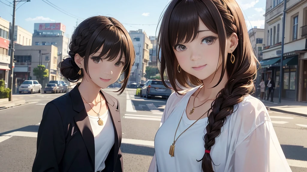 Overlooking the city from a hill、Residential Street、Cloudy、Time is night、Summer attire(Highest quality:1.2),Highest quality、masterpiece、High resolution)、、((Right beside、Woman profile、))、(Detailed depiction of a beautiful face）、Suit jacket、A kind smile、Medium Short Hair、Brown Hair、Braiding、、 information(Highest quality:1.2)、Very detailed、High resolution、masterpiece:1,2、Bright colors、Bokeh、Professional Lighting、Physically Based Rendering、Flat Color:0.8、Fine Illustration、Realistic:1.37、Makoto Shinkai style、Name Style、Light Brown Hair、Elegant update、Short Bob、Young woman、Laugh together、Dynamic poselip、cheek(Dark Brown Hair/)bangs、cheek(direction)、(最高masterpiece1.2)繊細なイラストVery detailed、Break Blue Sky、Detailed Background、20-year-old female、、A shy smile、Through clenched teeth、Clench your teeth、lip、cheek(Flat Color: 0.8)、(masterpiece: 1,2)、(masterpiece: 1,2)、High resolution、超High resolution、Highest quality、High resolution、Ultra-thin illustration、Makoto Shinkai style、Your Name is Style、long hair、Short Bob、necklace、Earrings、Dynamic pose、Selfie、whole body、Brown Hair、Braiding、Hair Bun、ponytail･Hair Bunスタイル、necklace、Valletta、ribbon、Earrings・アニキュア,