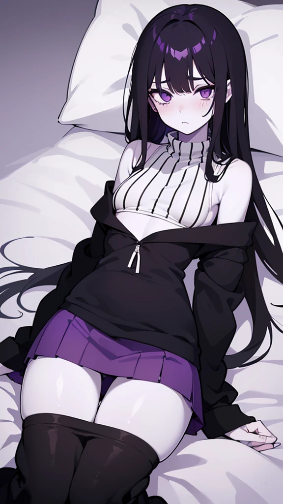 Teenage girl ((slim))((small stature)) ((White skin)) ((purple eyes)) ((black hair, long, emo on one eye)) ((Shy and blushing)) ((the plan)) ((small breasts)) ((small hips)) ((lying in bed with long, loose sweatshirt)) ((long skirt))