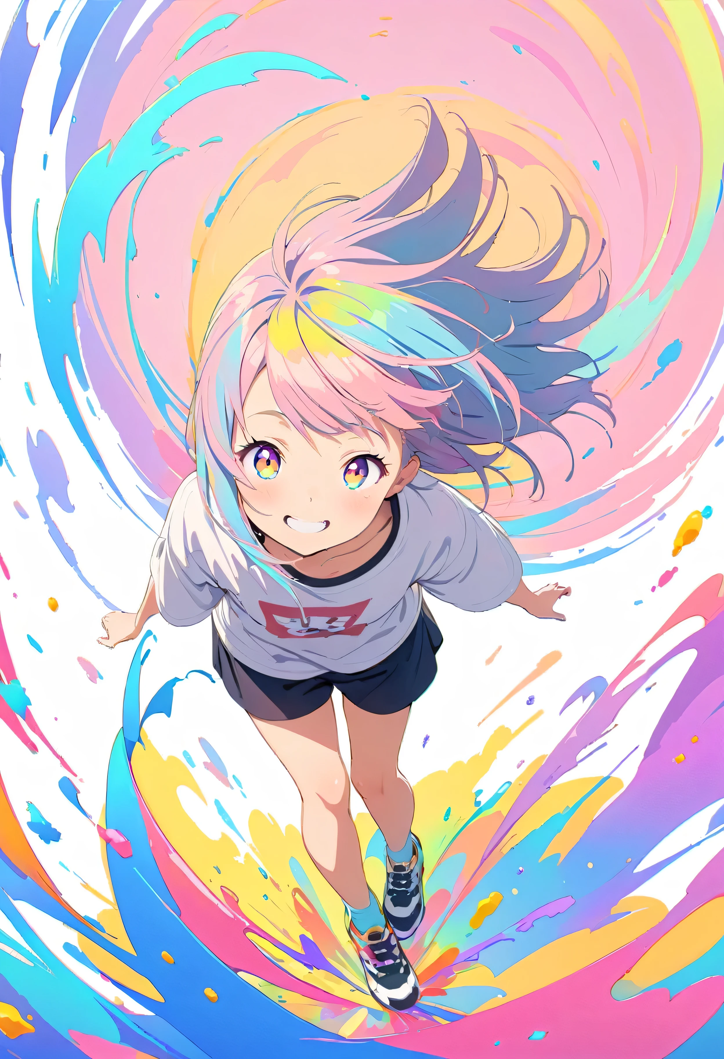 (masterpiece, Highest quality, Official Art:1.2), (colorful), Perfect Anatomy, Looking at the audience, One Girl, alone, White Background, floating colorful water, Ultra-fine illustrations, highly detailed, Dynamic Angle, beautiful detailed, 8K, break smiling amidst the colorful scenes, (Highest quality, masterpiece, High resolution, detailed), Anime Style, (Shining Eyes, detailed美しい顔), break,Dynamic Angle, Whole body shot, pastel colour, Vector illustration, 10 years old