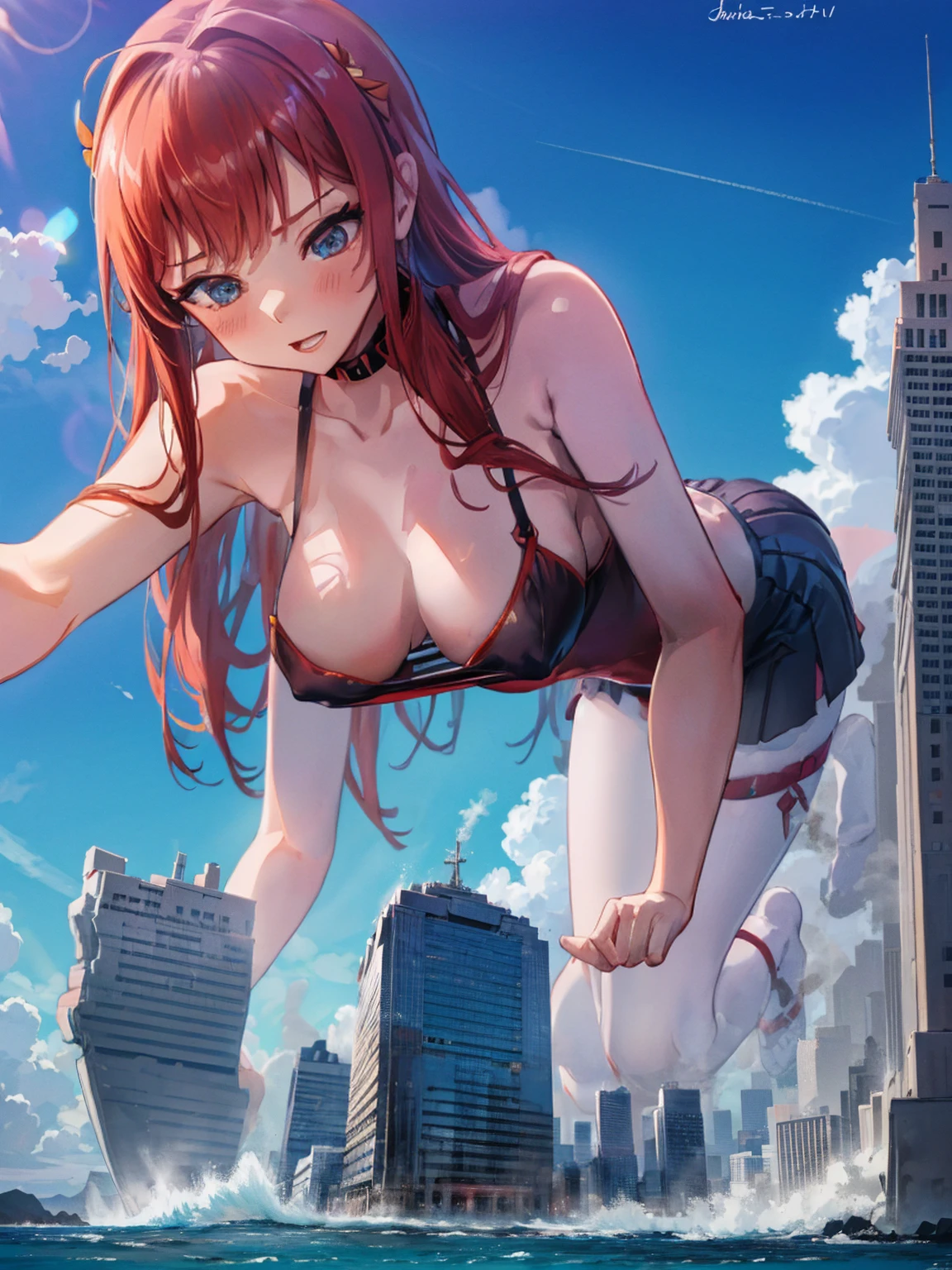 Giantess appears from underwater in front of a giant cruise ship, the cruise ship looks very small in front of her because it is giant, she is naked, she has red hair and white skin, she has small breasts but very sexy legs and her body is very curvy. Goddess, Attack, giant, cruise ship, full naked, sexy, hot, ocean, in middle of the ocean, without buildings, High quality, Red hair, hottest, tall girl, sexy legs, monster girl, cruise ship, giant cruise, attacking, evil, mad, without clothes
