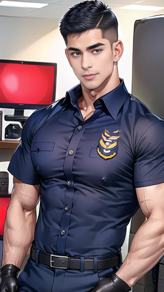 handsome man,(crew cut short hair:1.6),black eye,smile,open mouth,
(navy police uniform outsite :1.5),(shirt short sleeves:1.5),collar,(shirt covered over:1.2),(shirt no buttons:1.1),(black_gloves:1.3),
(Navy blue cargo:1.2),Korean guy,korean men,(High gloss details),(chest muscles:1.2),(large arm muscles:1.2),blood vessel,Big muscles,Broad shoulders,looking at the audience,Balancing the eyes
(in office:1.5),