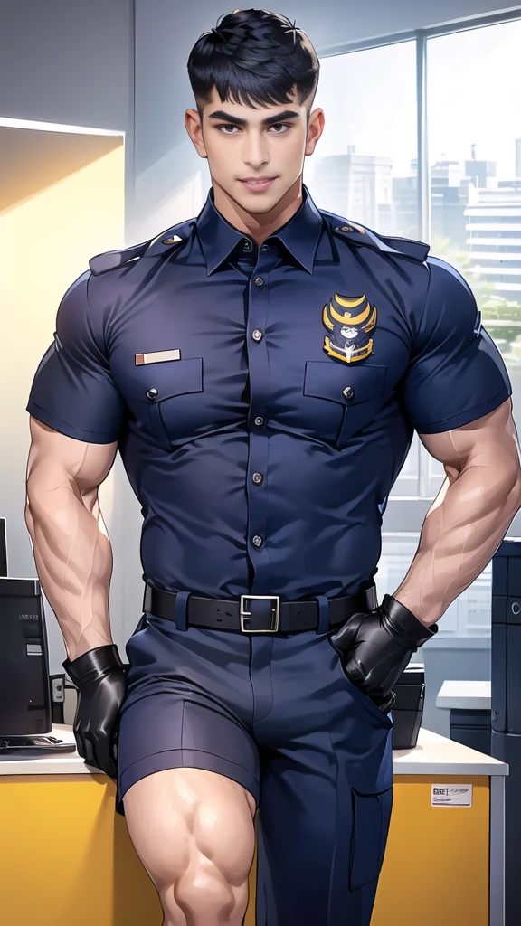handsome man,(crew cut short hair:1.6),black eye,smile,open mouth,
(navy police uniform outsite :1.5),(shirt short sleeves:1.5),collar,(shirt covered over:1.2),(shirt no buttons:1.1),(black_gloves:1.3),
(Navy blue cargo:1.2),Korean guy,korean men,(High gloss details),(chest muscles:1.2),(large arm muscles:1.2),blood vessel,Big muscles,Broad shoulders,looking at the audience,Balancing the eyes
(in office:1.5),