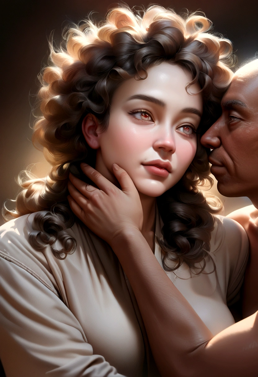 (The best quality,High Resolutions,Masterpiece:1.2),ultra detailed,(realist,fotorrealist,fotorrealist:1.37),portrait,amar,sensuality,Afro girl (afro) Caucasian rooting (European) White man,Beautiful detailed eyes,beautiful detailed lips,Extremely detailed eyes and face,Long eylashes,curly hair,Caucasian European Man with Expressive Eyes,Intimate environment,affectionate hug,warm lighting,Soft colors,vivid emotions,passionate moment,Soft touch,Pure love,Cultural diversity, mo hand visible, Hand out of scene