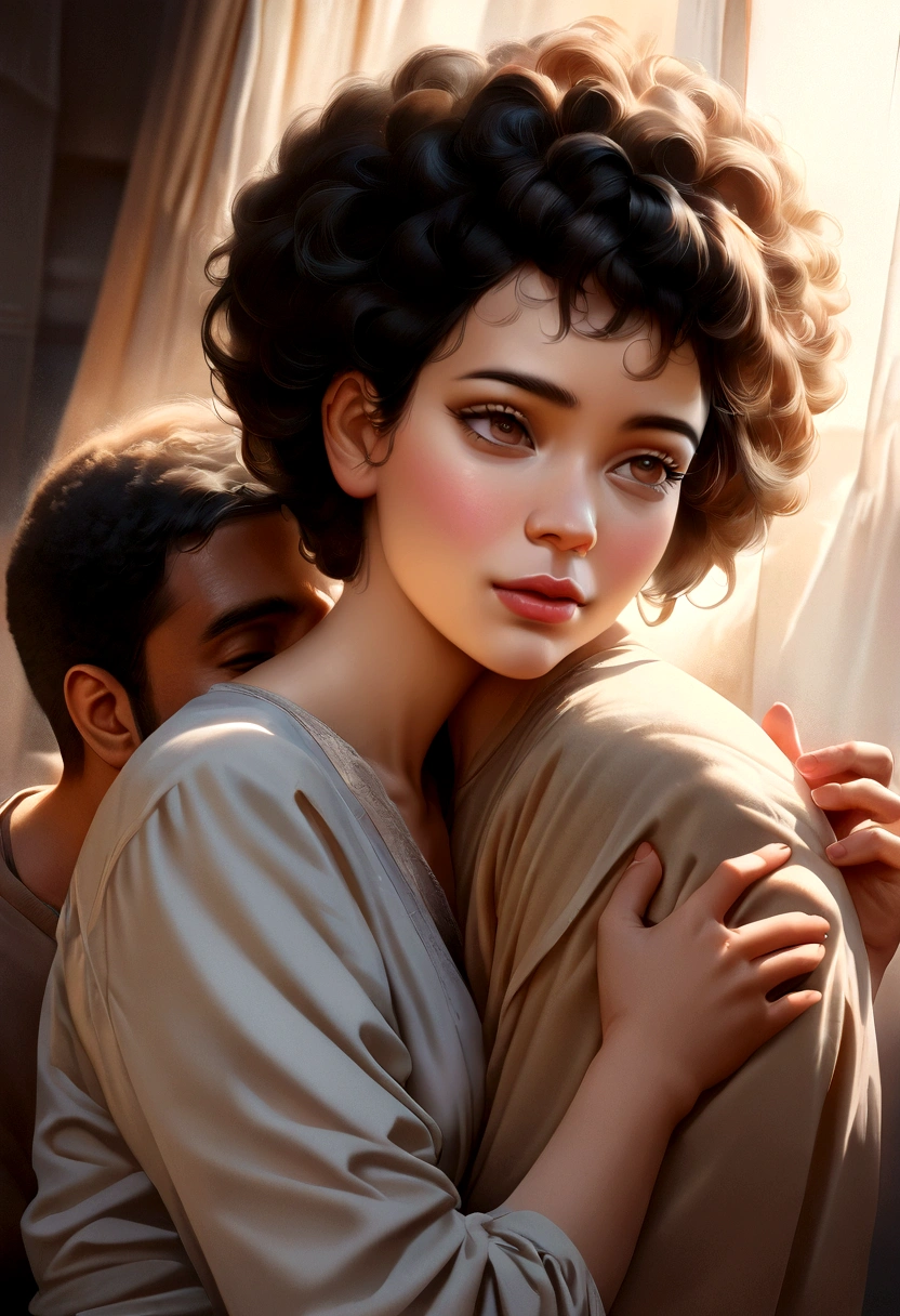 (The best quality,High Resolutions,Masterpiece:1.2),ultra detailed,(realist,fotorrealist,fotorrealist:1.37),portrait,amar,sensuality,Afro girl (afro) Caucasian rooting (European) White man,Beautiful detailed eyes,beautiful detailed lips,Extremely detailed eyes and face,Long eylashes,curly hair,Caucasian European Man with Expressive Eyes,Intimate environment,affectionate hug,warm lighting,Soft colors,vivid emotions,passionate moment,Soft touch,Pure love,Cultural diversity, mo hand visible, Hand out of scene