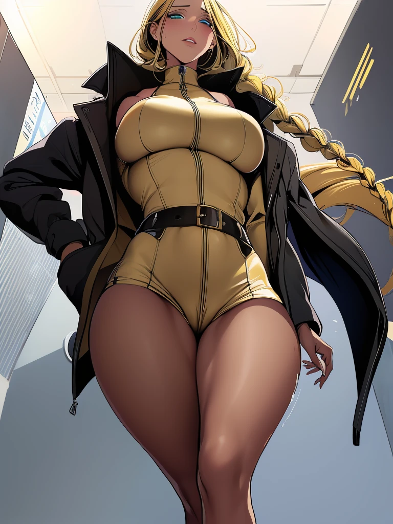 a tall female of curvaceous and well-endowed frame. She has olive skin, aqua green eyes, thick eyelashes, and short golden blonde hair; which she usually keeps messy with three braided locks. She wears a jacket with a high collar, which covers the lower part of her face downward, while baring a good portion of the lower half of her large breasts. The jacket has a zipper running along its entire length, which is opened from the bottom upwards. It has a beige air filter on either side just below the trim. The jacket's sleeves completely envelop her arms, terminating in black glove-like extensions at her extremities, resembling the appearance of a cat's paw. 