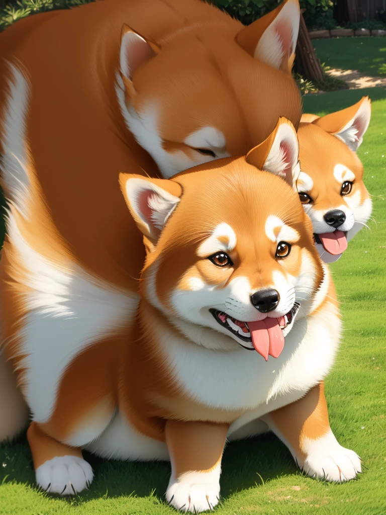 Highest Resolution,Highest quality,Shiba Inu,可愛いShiba Inu,Fluffy,Eating bait,smile,Drooling,Dripping saliva,Overflowing dripping,Iyashiba dog,garden,doghouse,grass,