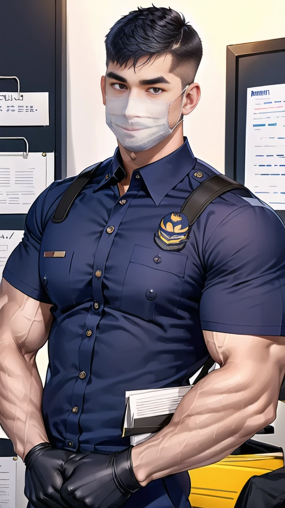 handsome man,(crew cut short hair:1.6),black eye,smile,open mouth,
(navy police uniform outsite :1.5),(shirt short sleeves:1.5),(black_gloves:1.3),
(Navy blue cargo:1.2),Korean guy,korean men,(High gloss details),(chest muscles:1.2),(large arm muscles:1.2),blood vessel,Big muscles,Broad shoulders,looking at the audience,Balancing the eyes,(backpack:1.3)
(in office:1.5) ,(navy Cotton Mask:1.3)
