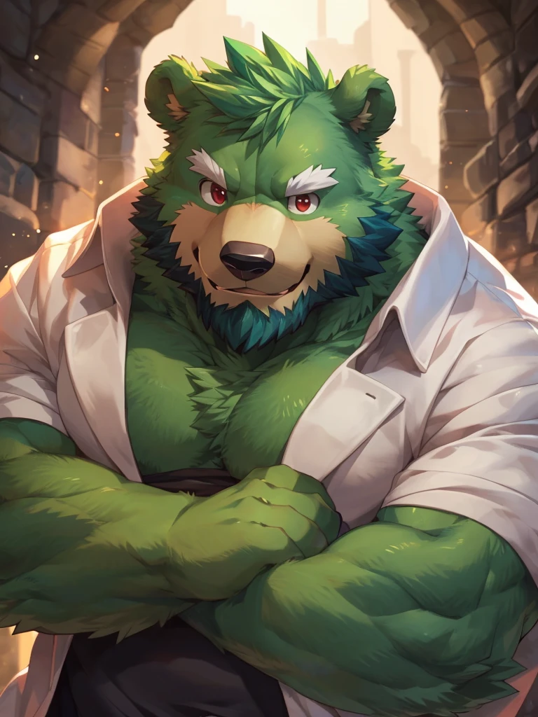 anthro, kemono, male, solo, ((round face, very plump face, thick beard)), ((endomorph body type, old-aged)), (adventure costume), ((green bear, bear) fluffy fur, fluffy), (at old ruin, dungeons), bokeh, (high quality, highres, masterpiece), (dynamic lighting, vivid color), (generous smile), (face focus), front view (close up), cartoon, (((green bear))), (((green fur))), green hair, beard, white eyebrows, bald, detailed red eyes, tall, Joyful, (black t-shirt inside), (((white unhooded trench coat ))), by zixiong, by takemoto arashi, by zixiong, (by null-ghost:0.8), (by t.y.stars:0.4)