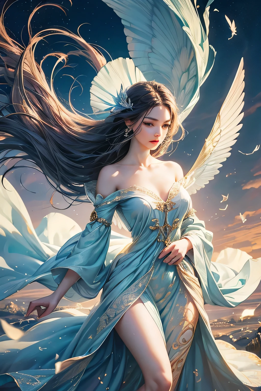 "Create a realistic, stunning digital image of a beautiful female fairy with large, delicate wings that flutter gracefully, embodying the essence of air and wind. She should be dressed in an elegant, flowing gown that conveys sophistication and lightness. Surround her with swirling breezes and gentle gusts to highlight her connection to the element of air. Include a unique air symbol or design marked on her body, signifying her role as the guardian of air and wind, and showcasing the ethereal power of air she holds within."