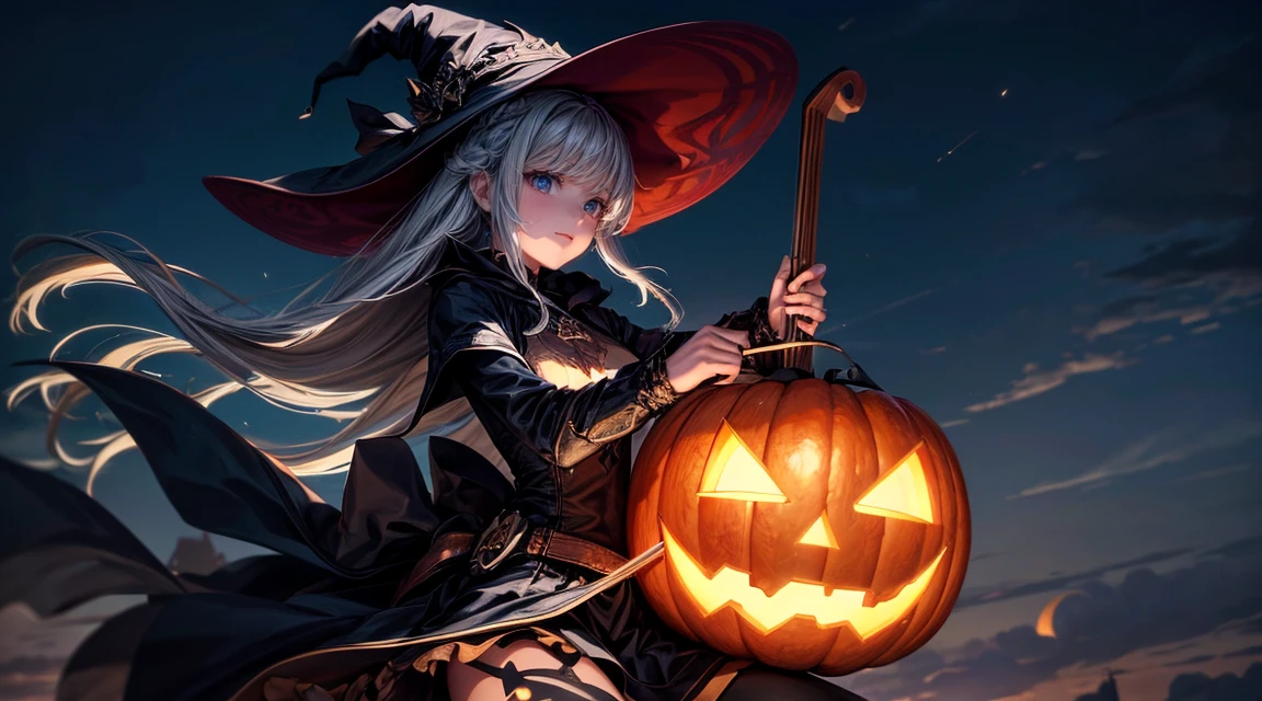 Generate a high-definition image of a witch riding a broomstick. The background is a windy night sky, and the witch is holding a Jack-o'-lantern. The witch is dressed in a black dress and a pointed hat, with her hair flowing in the wind. The witch should be playing a violin. The witch should be anatomically accurate and detailed. The overall atmosphere should be fantastical and magical.