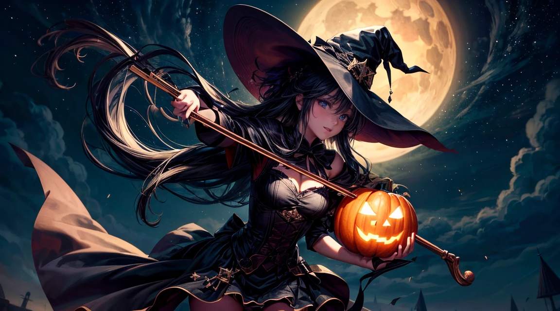 Generate a high-definition image of a witch riding a broomstick. The background is a windy night sky, and the witch is holding a Jack-o'-lantern. The witch is dressed in a black dress and a pointed hat, with her hair flowing in the wind. The witch should be playing a violin. The witch should be anatomically accurate and detailed. The overall atmosphere should be fantastical and magical.