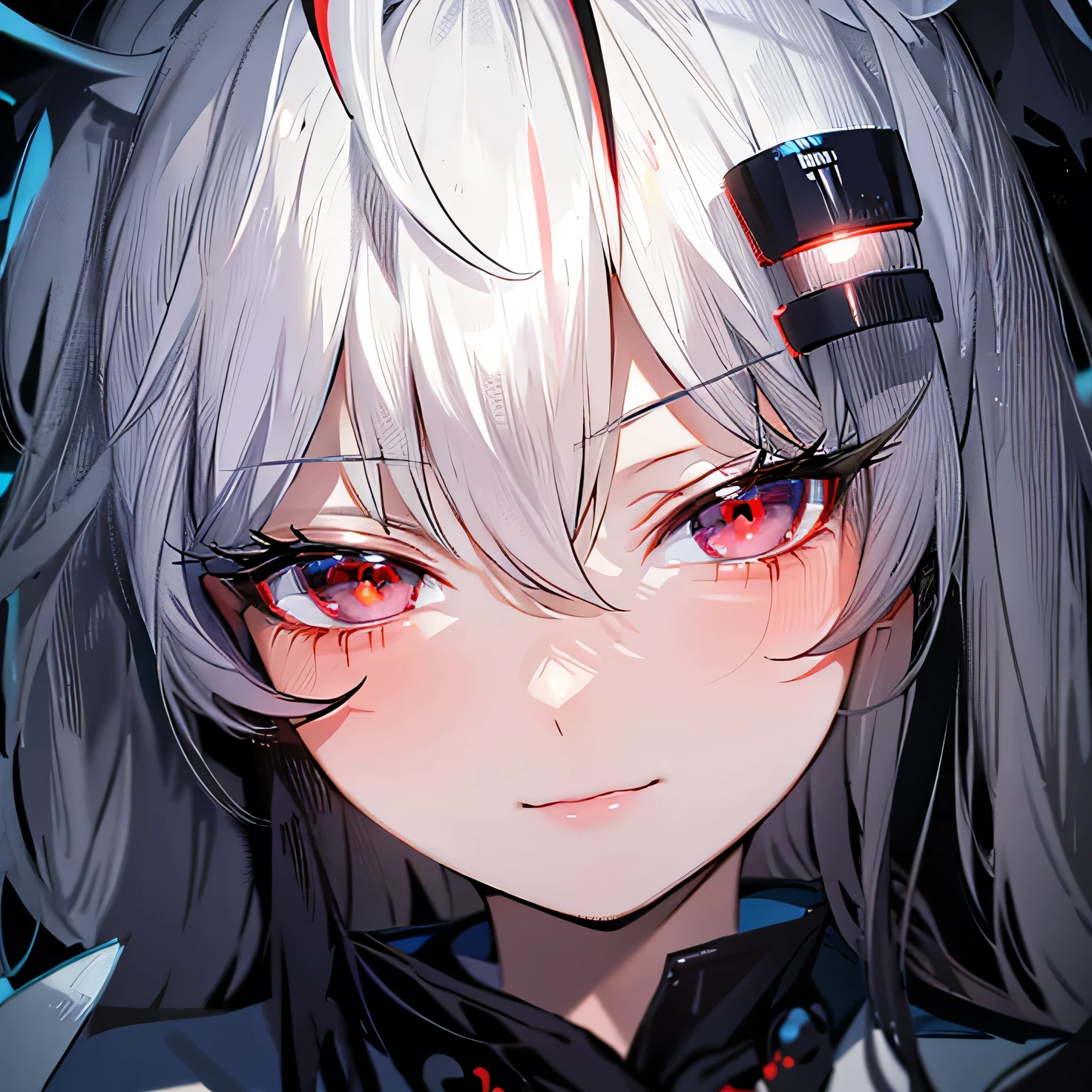 best quality, masterpiece, highres, 1girl, Beautiful face, close up on face, tyndall effect, dark atmosphere, rim lighting, two tone lighting, (high detailed skin:1.2), 8k uhd, dslr, soft lighting, high quality, volumetric lighting, candid, Photograph, high resolution, 4k, 8k, anime girl with long silver-white hair, hair ornament, glowing eyes, red eyes, dragon eyes, high quality anime artstyle, white haired, detailed portrait of anime girl, girl with white hair, girls frontline style, with huge luminous eyes