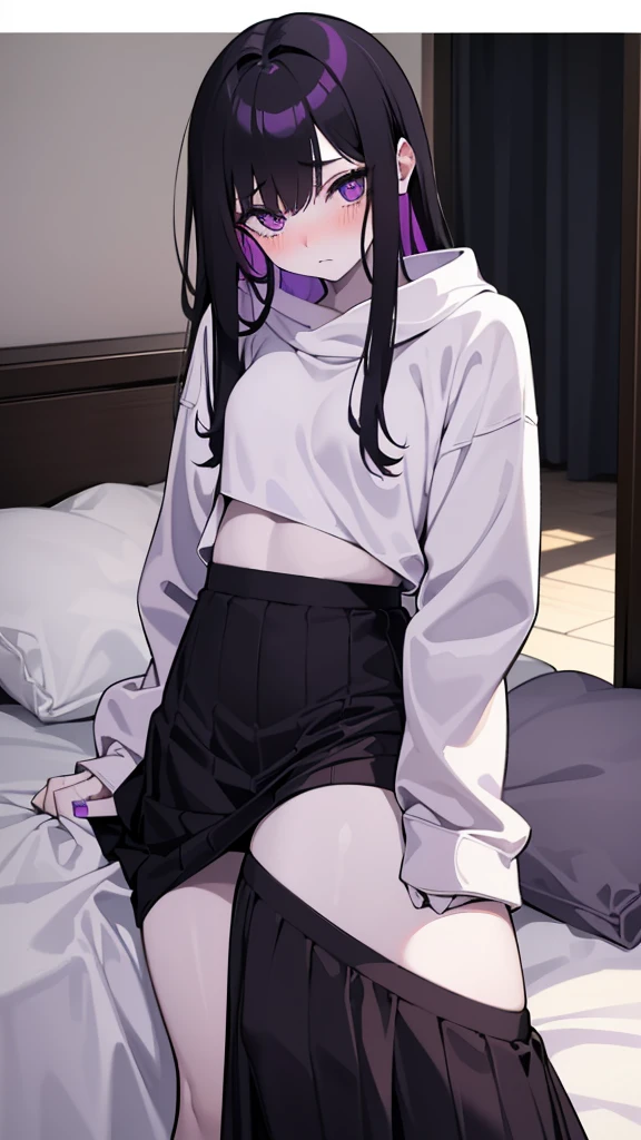 age girl ((slim))((small stature)) ((White skin)) ((purple eyes)) ((black hair, long, emo on one eye)) ((Shy and blushing)) ((the plan)) ((small breasts)) ((small hips)) ((lying in bed with long, loose sweatshirt)) ((long skirt))