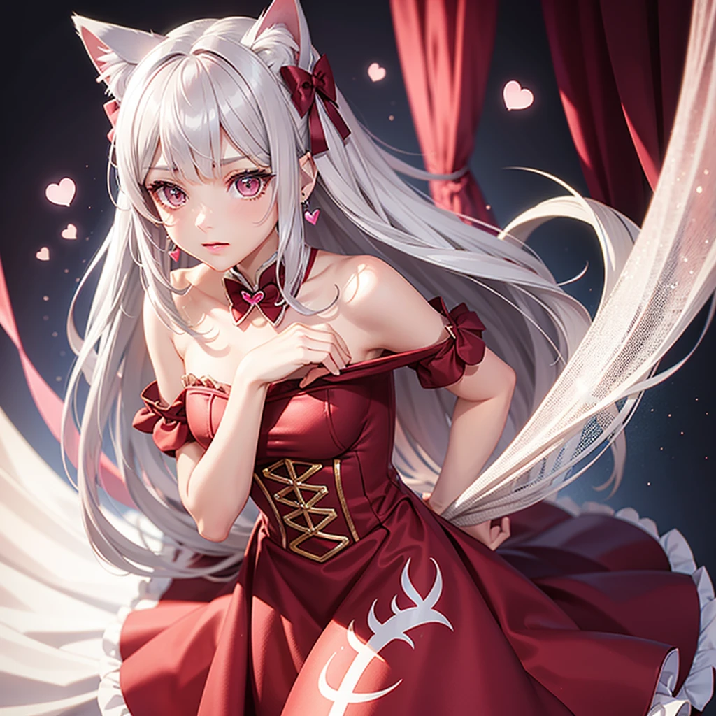 Silver hair, pink brown eyes, body, cat ears, girl, earrings, heart background fantasy, red dress uniform, hair bows