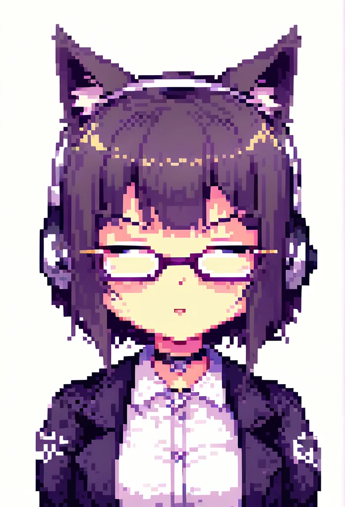 A cute anime girl with cat ears, wearing headphones and glasses, in a 2D pixel art style