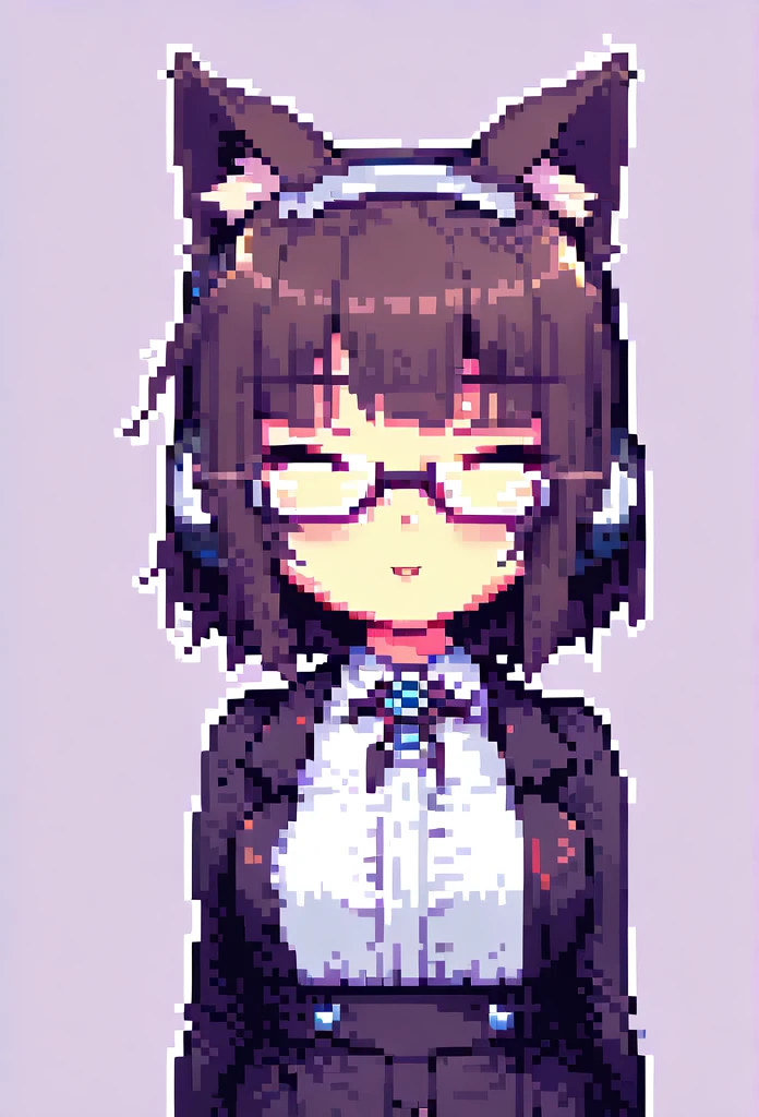 A cute anime girl with cat ears, wearing headphones and glasses, in a 2D pixel art style