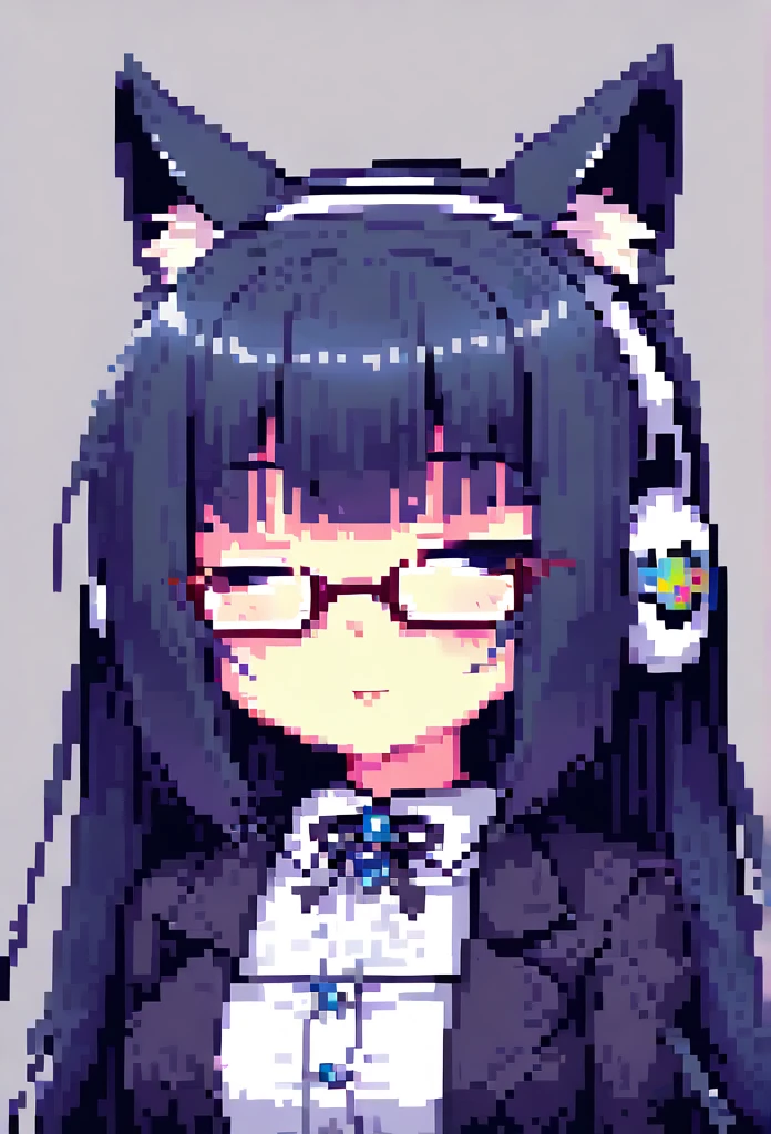 A cute anime girl with cat ears, wearing headphones and glasses, in a 2D pixel art style