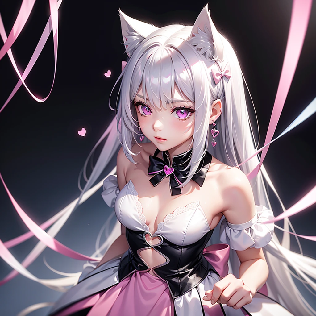 Silver hair, pink eyes, body, cat ears, girl, earrings, heart background fantasy, dress uniform, hair bows